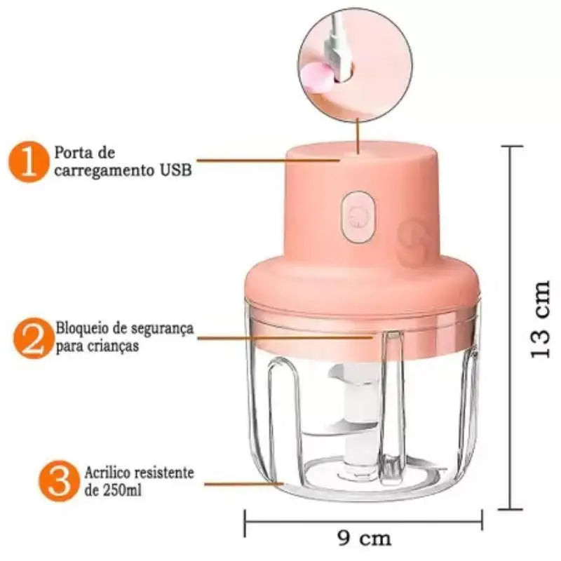 Mini Processador de Alimentos Elétrico 250ml Triturador Recarregável s/Fio